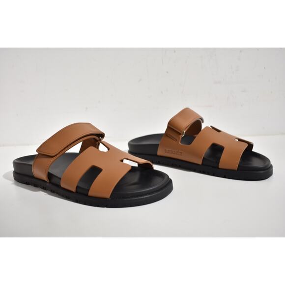 Hermes Chypre Sandal Natural Brown Leather Black Strap Slide Slip On Flat 39.5 - Picture 4 of 12